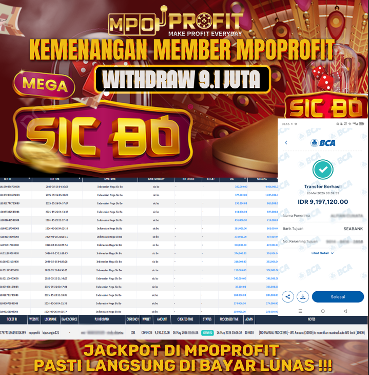 MPOPROFIT JACKPOT LIVE KASINO! KEMENANGAN MURNI DI (INDONESIA MEGA SIC BO TOTAL RP 9.197.120,- LUNAS)